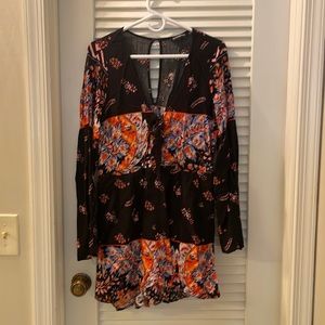 Express Black Floral Long-Sleeve Romper with Orange and Blue Accents